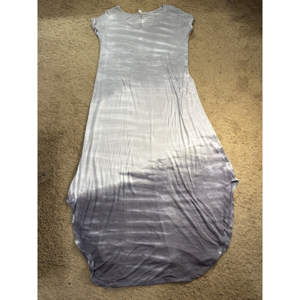 Tie Dye Maxi Dress Grey and White Ombre Pattern Scoop Neck Pockets Boho
